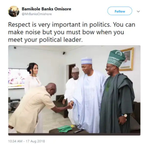 Adams Oshiomole Spotted Bowing His Head Before Senator Bukola Saraki (Photo)